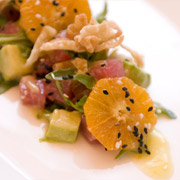 Tuna salad with avocado, crispy won tons and Pixie tangerine dressing