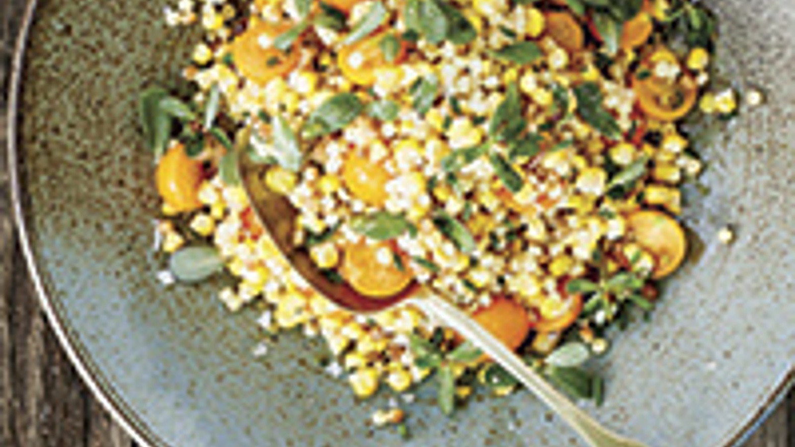 Corn, fregula and Sun Gold tomato salad