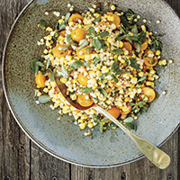 Corn, fregula and Sun Gold tomato salad