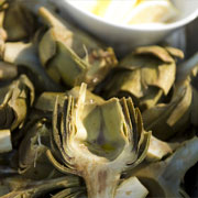 Balsamic grilled artichokes with lemon horseradish sauce