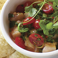 Morro Bay rockfish ceviche with scallions, tomatoes, jalapeno and cilantro