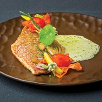 Crispy snapper with white mole and confit vegetables