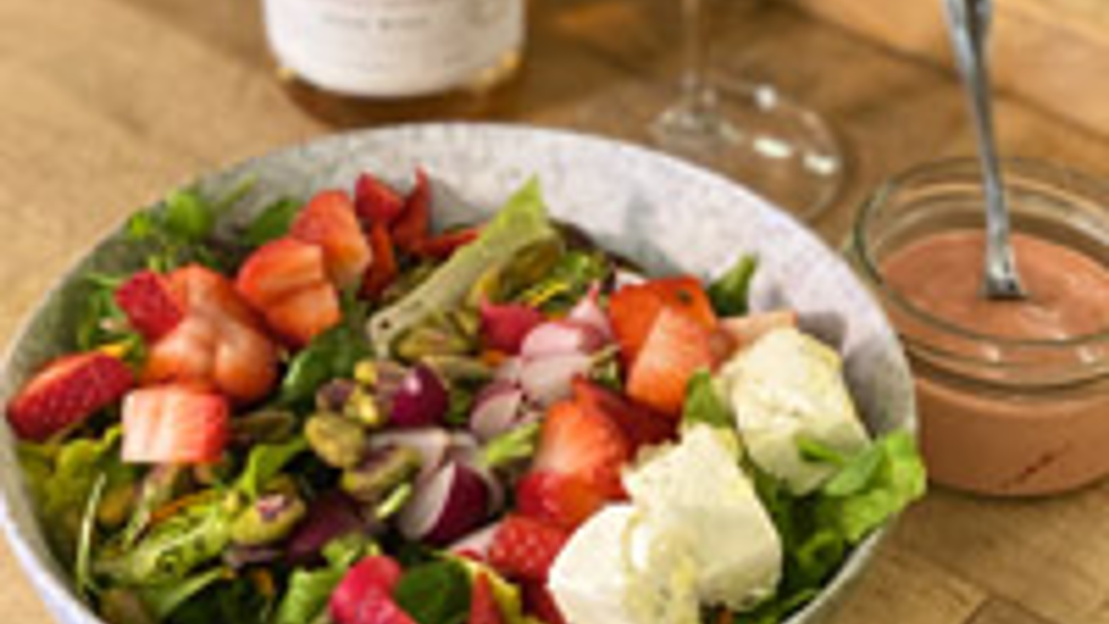 Kendall Jackson strawberry-rhubarb salad with pistachios and goat cheese