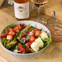 Kendall Jackson strawberry-rhubarb salad with pistachios and goat cheese