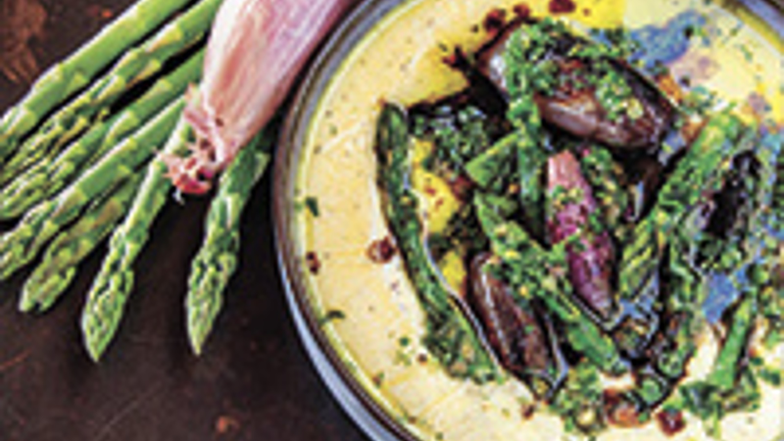 Polenta with caramelized shallots, roasted asparagus and salsa verde