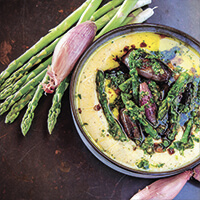 Polenta with caramelized shallots, roasted asparagus and salsa verde