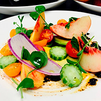 California avocado and summer fruit salad with salsa negra