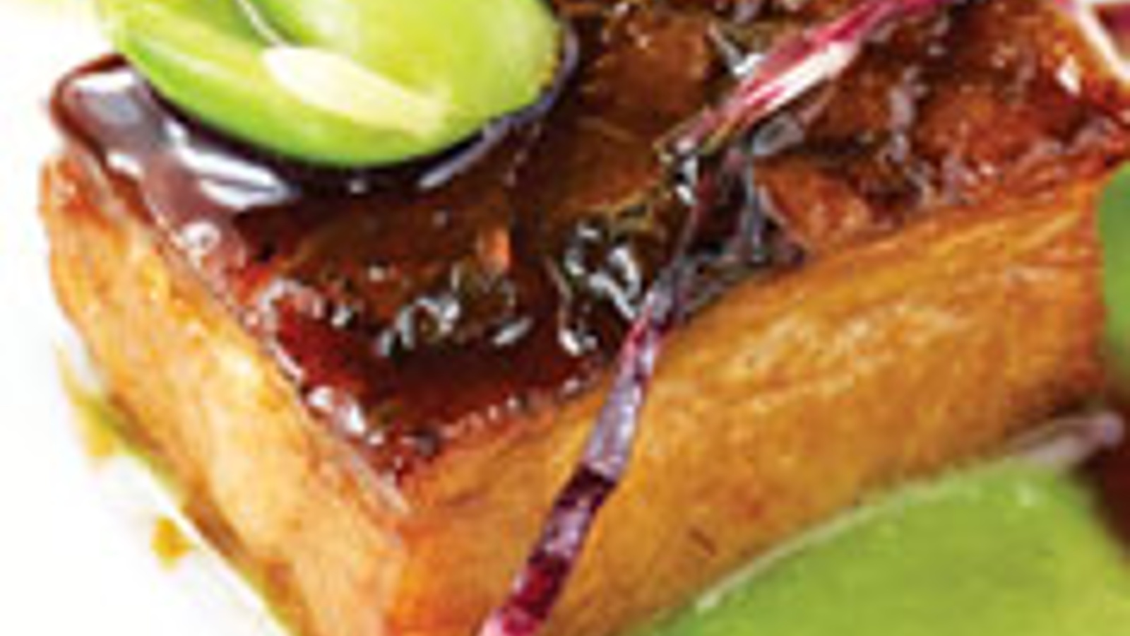 Braised pork belly, green garlic puree and fava beans