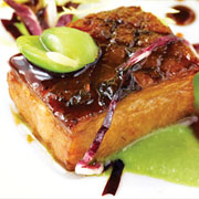 Braised pork belly, green garlic puree and fava beans