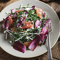 Oro blanco grapefruit salad with celery root, arugula, red endive and goat cheese