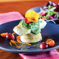 Halibut with arugula-walnut pesto