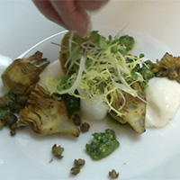 Lemon roasted artichokes with burrata cheese and walnut pesto