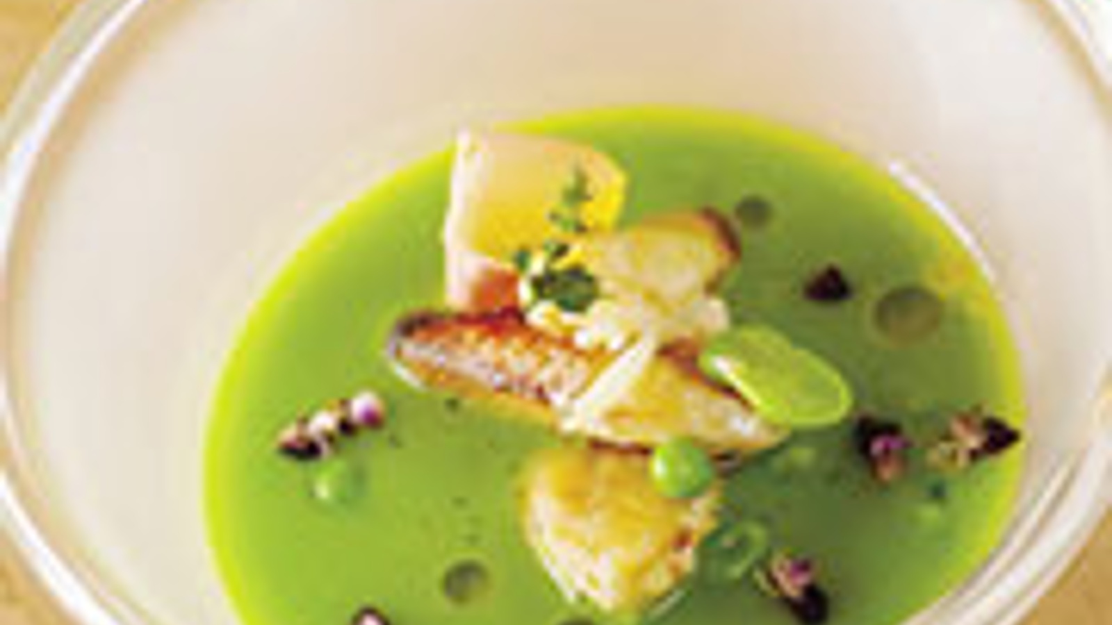 Spring pea soup with North Coast Dungeness crab