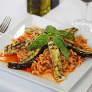 Grilled eggplant over fusilli