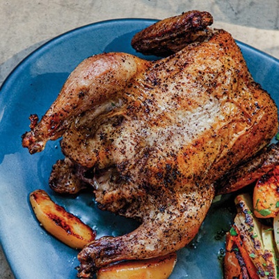 Sumac roasted chicken with honey-glazed quince