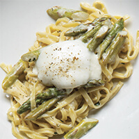 Asparagus with lemon cream sauce, burrata and mint