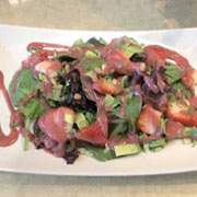 Strawberry, avocado and greens with ruby dressing