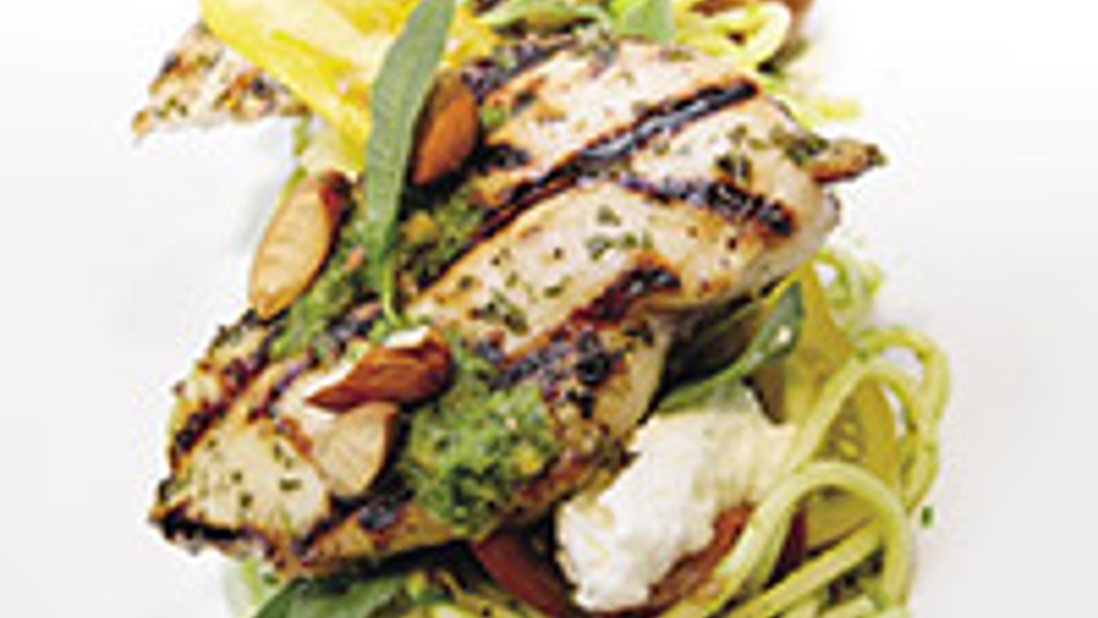 Pesto tossed spaghetti with lemon verbena grilled chicken