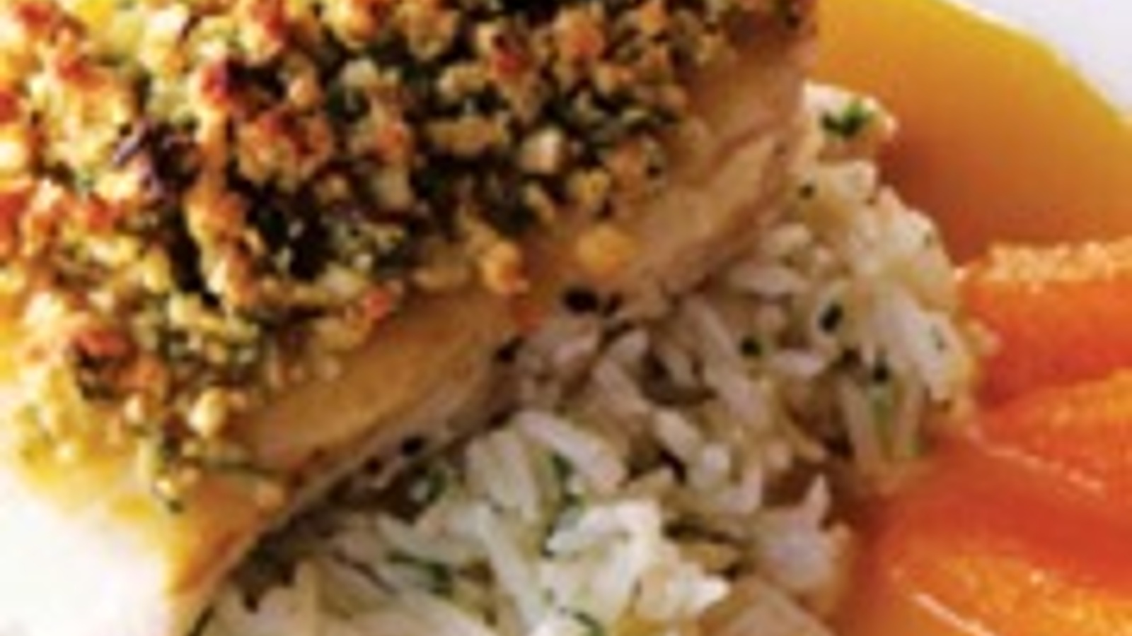 Almond crusted halibut with pineapple orange sauce