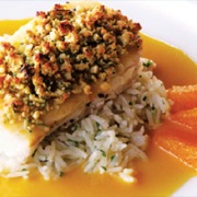 Almond crusted halibut with pineapple orange sauce