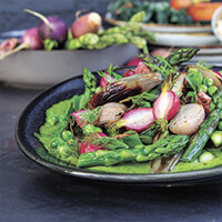 Roasted radishes, asparagus, shallots and green peas with green goddess dressing