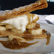 Banana Napoleon with warm caramel walnut sauce