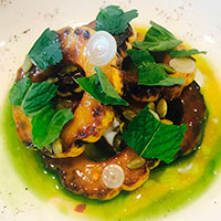 Roasted delicata squash with pickled ramps, buttermilk, pumpkin seeds and herbs