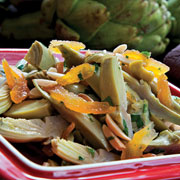 Baby artichoke salad with green olives and apricots