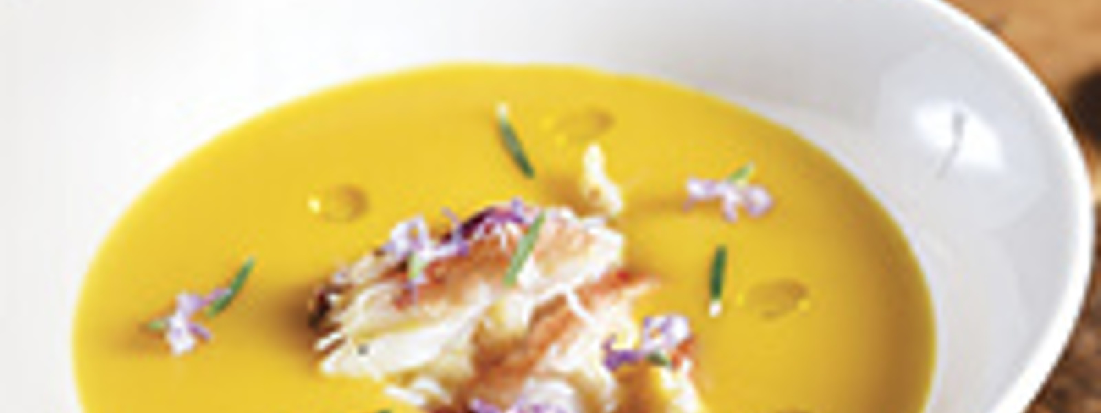 Kabocha squash soup with rosemary and Dungeness crab