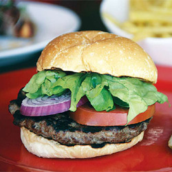 Lucky Dog Ranch beef burger with traditional toppings