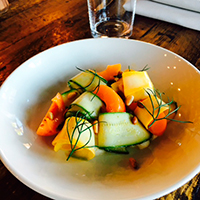 Summer burrata salad with shaved squash, apricots and rosemary vinaigrette