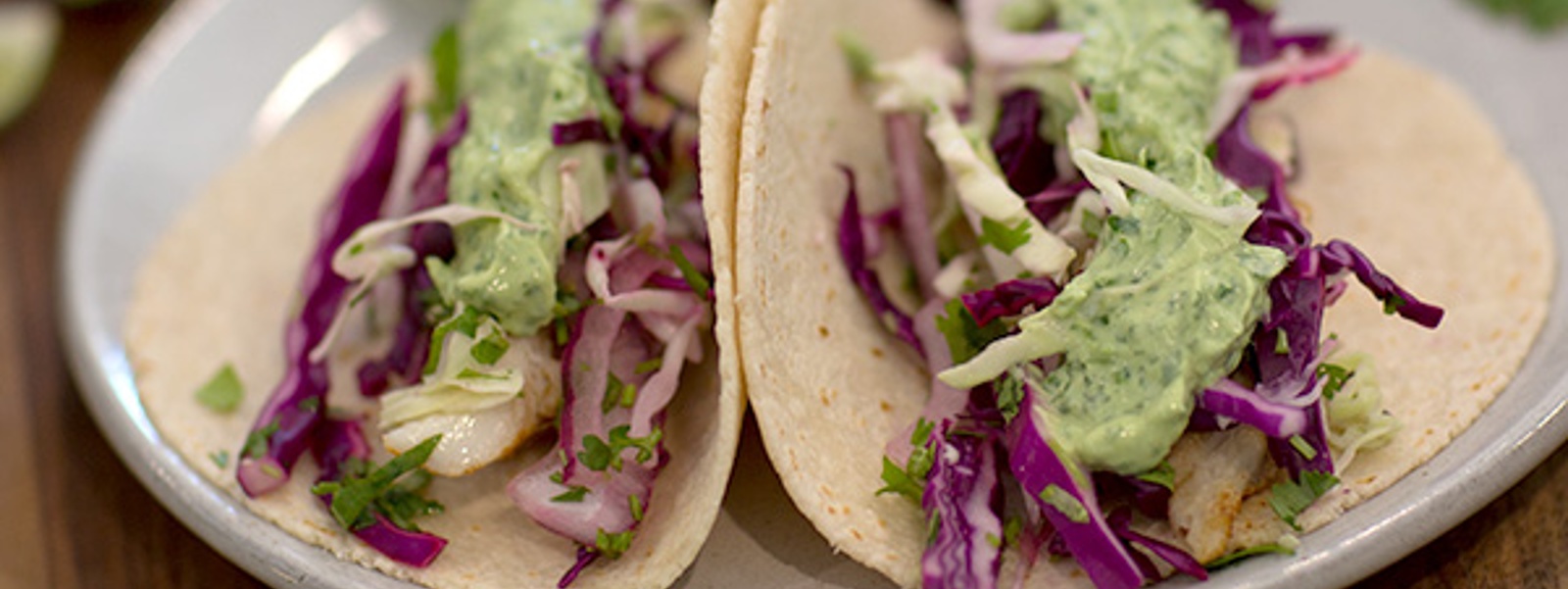 Blackened fish tacos with cilantro sauce