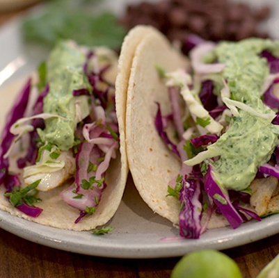 Blackened fish tacos with cilantro sauce