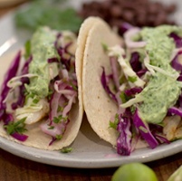 Blackened fish tacos with cilantro sauce