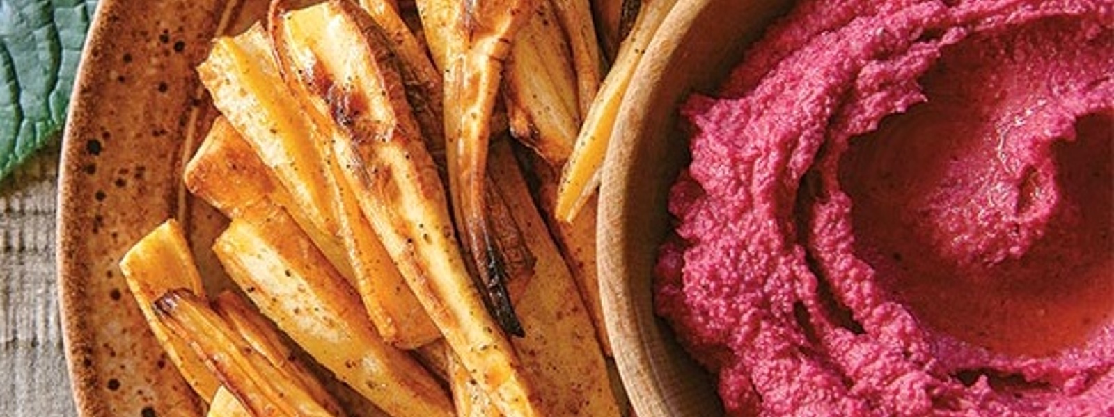 Beet hummus with parsnip fries