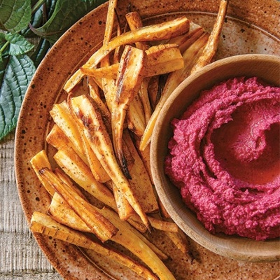 Beet hummus with parsnip fries