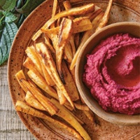 Beet hummus with parsnip fries