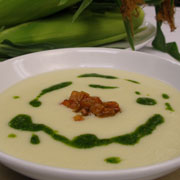 Hawks sweet corn soup with roasted peppers and basil pistou