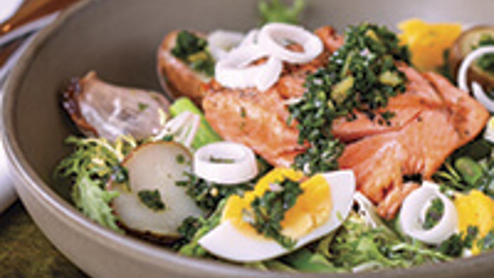 Salmon with asparagus, potato, hard-cooked egg and salsa verde