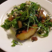 Grilled peach, gorgonzola dolce and dandelion greens