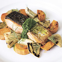 Monterey Bay salmon with sweet potatoes and grilled ArtiHearts