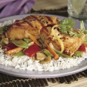 Soy glazed salmon with rice and vegetables