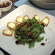 Arugula salad with dates, pecans and goat cheese toasts