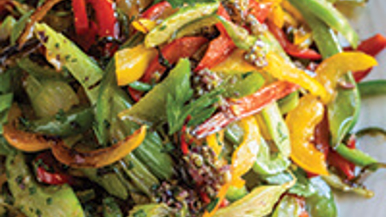 Grilled trinity salad in an olive-caper dressing