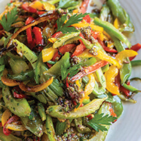 Grilled trinity salad in an olive-caper dressing