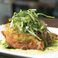 Pan-fried abalone with avocado, gremolata, and green goddess dressing