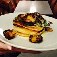 Sourdough pancakes with fried Brussels sprouts