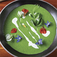 Spring vegetable soup with creme fraiche and mint